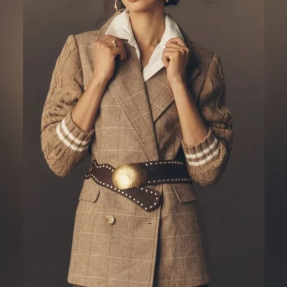 Avec Les Filles Tan Plaid Blazer with Cable Knit Sleeves - Picture 5 of 6